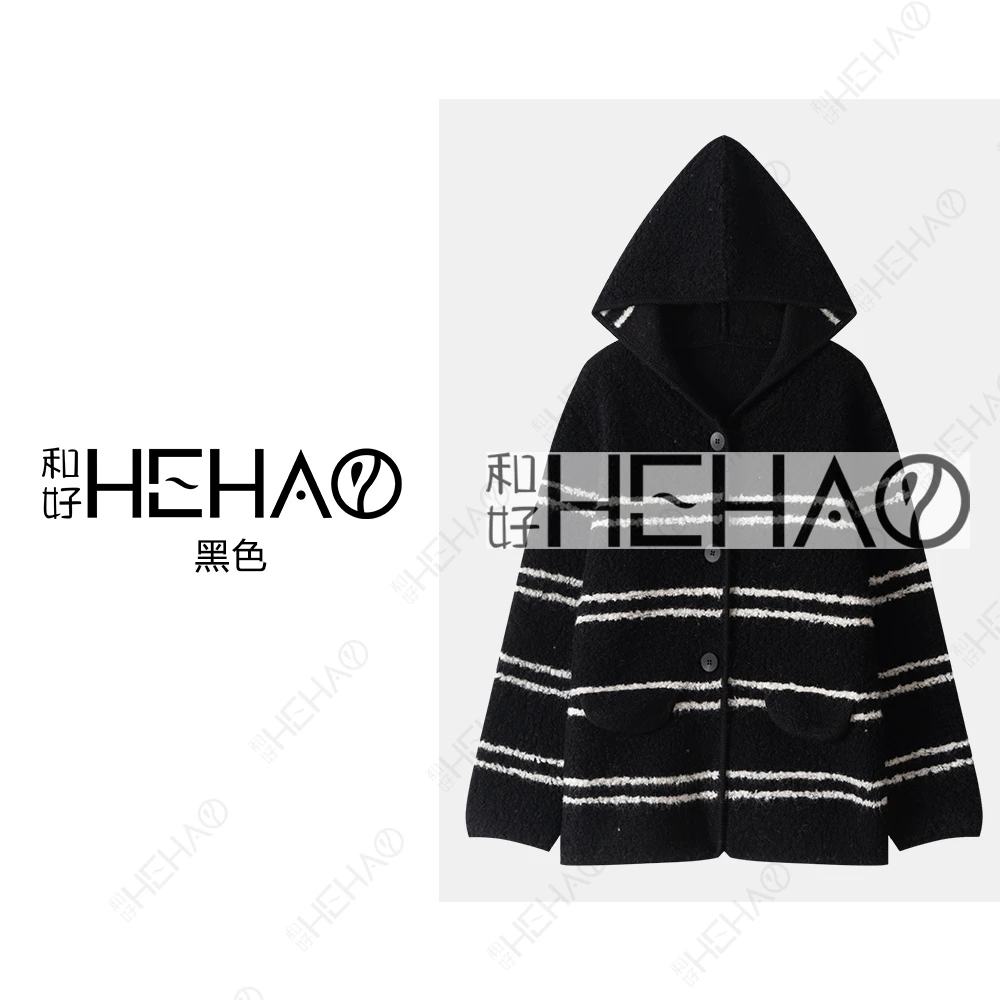 秋冬100%绵羊毛条纹连帽针织开衫慵懒休闲加厚外套57093