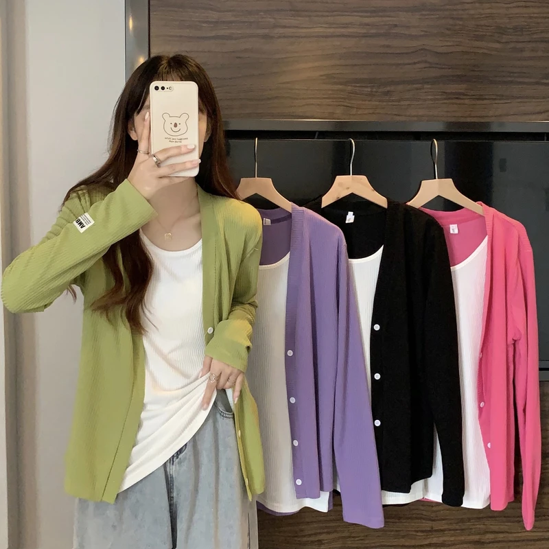 大码女装秋季新款百搭假两件针织开衫微胖显瘦宽松长袖上衣时尚