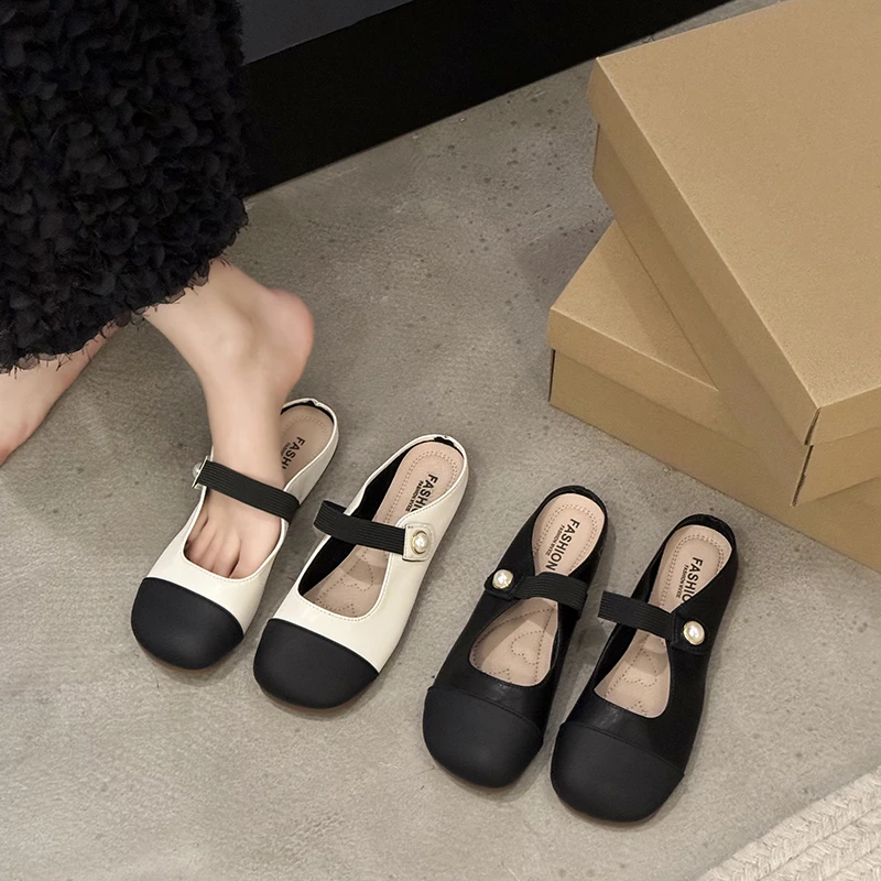 35-43码大码女鞋法式时尚复古包头半拖鞋软底平底一脚蹬拖鞋春夏