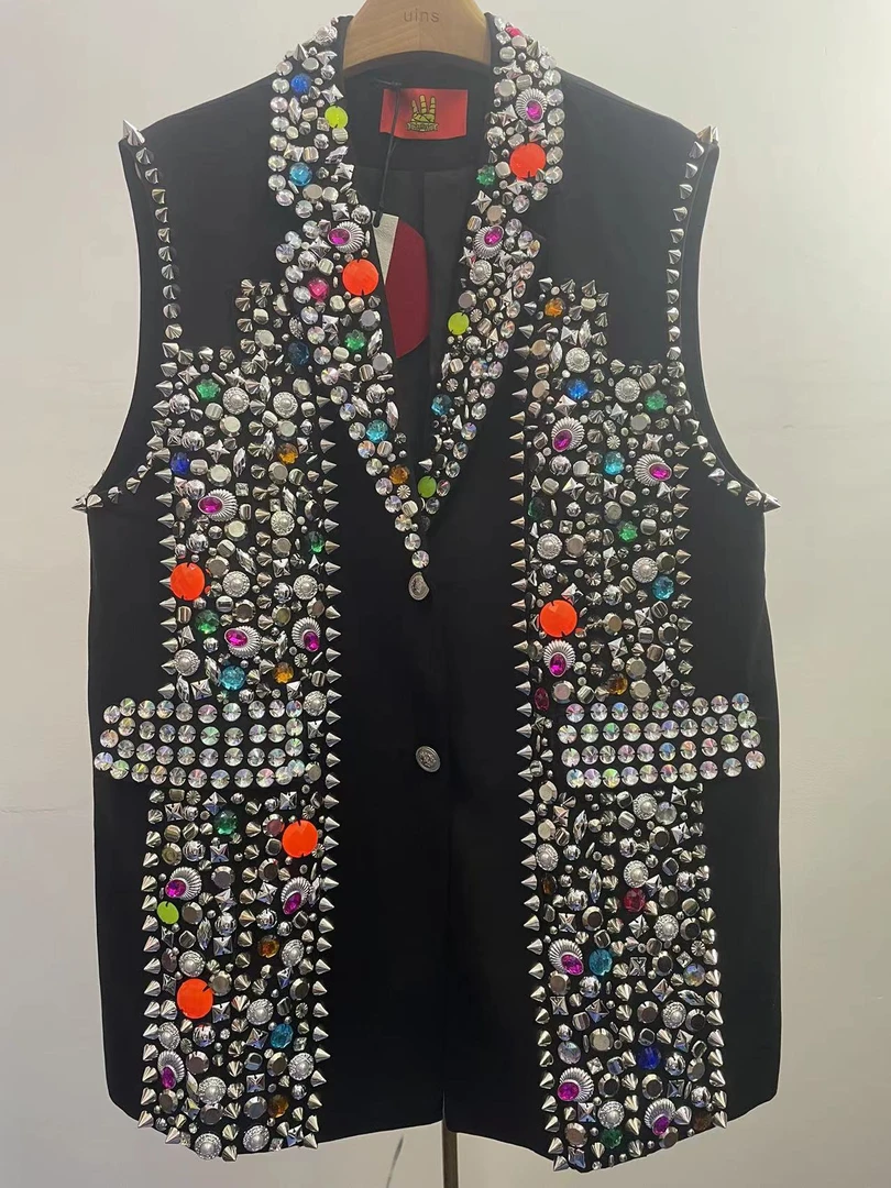 欧洲站时尚重工钉珠镶钻手绘新中式女士潮牌开衫西装马甲