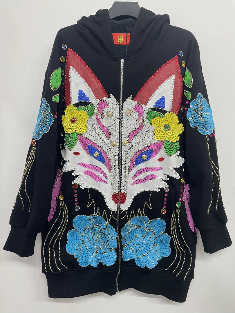 欧美风手绘钉珠亮片休闲时尚潮牌女士长袖颗粒绒连帽卫衣长款开衫