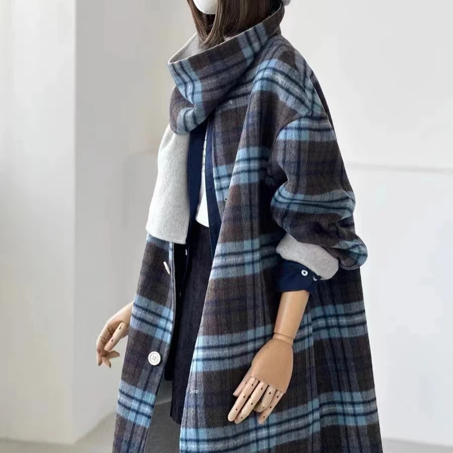 拼色双面穿格子西太后围巾秋冬休闲长款修身时尚女士呢子大衣女