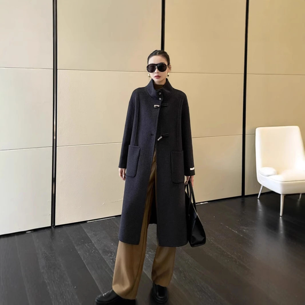 2024秋冬新款女宽松长款气质韩版立领牛角扣双面羊毛大衣羊绒