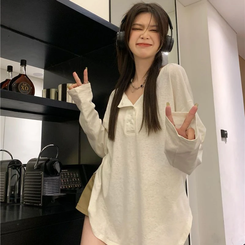 辣妹法式小众上衣夏季白色v领正肩短袖t恤慵懒风女装设计感宽松