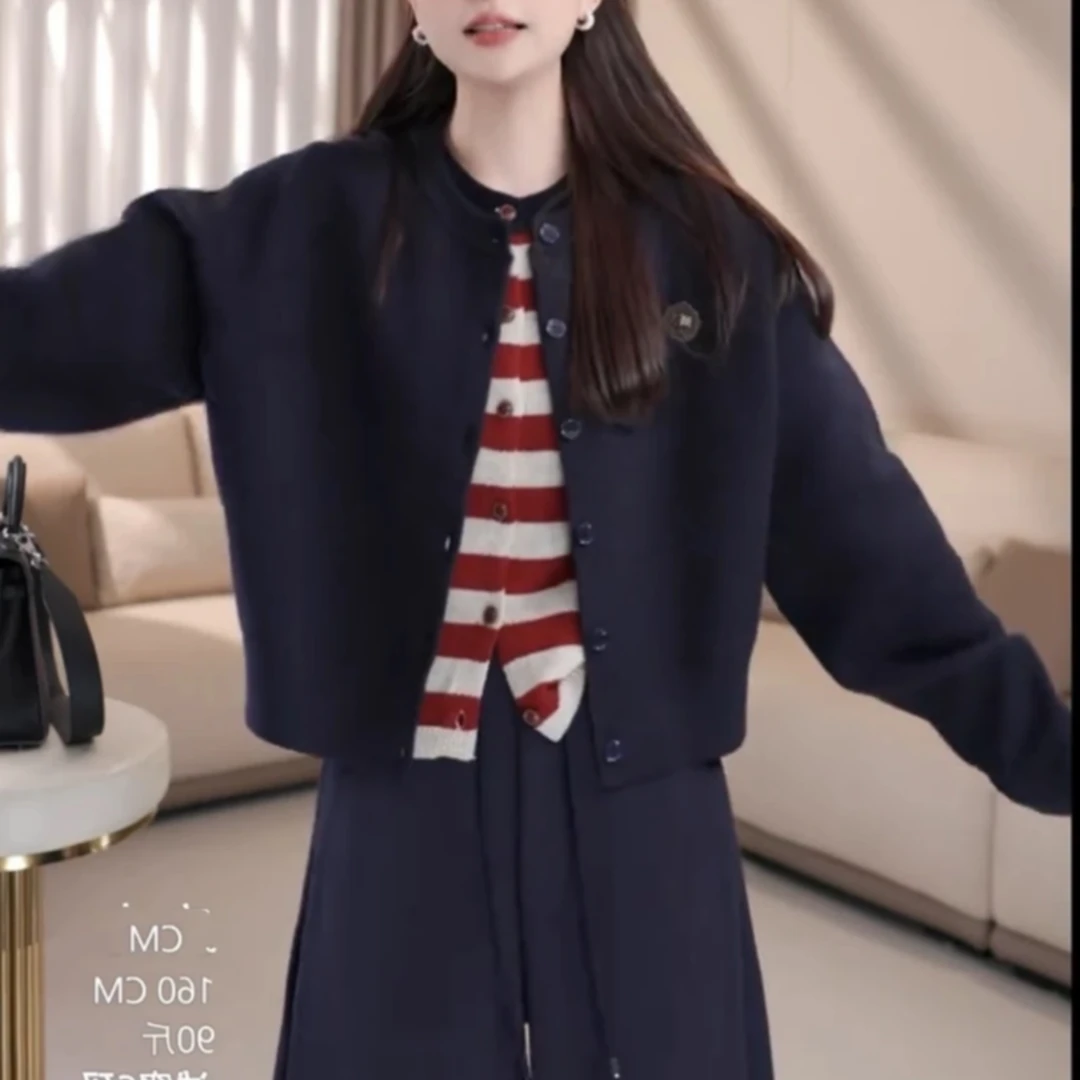 秋冬季新款时尚慵懒纯色开衫针织毛衣外套女开衫宽松圆领长袖上衣