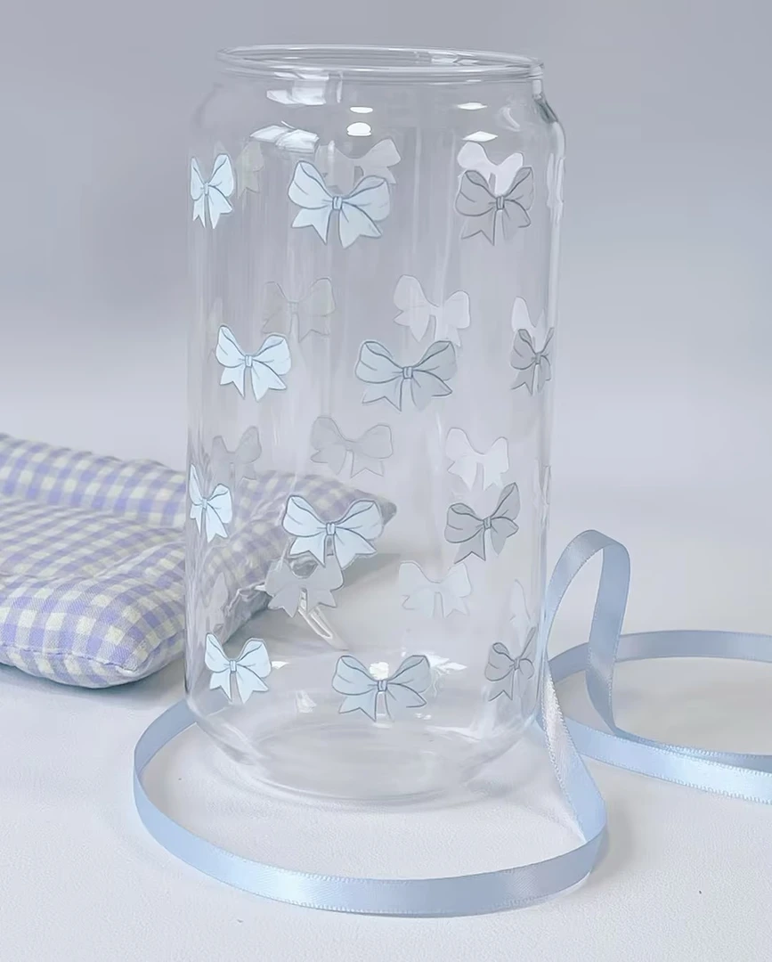 【furui】原创『蓝色小蝴蝶结』印花玻璃杯少女心耐热吸管杯水杯