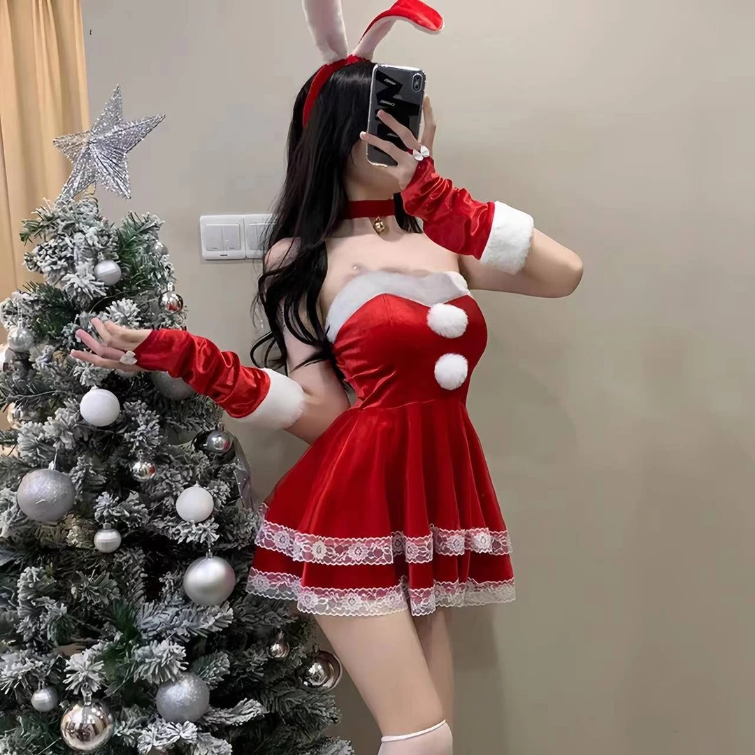 后妈裙约会战袍圣诞蕾丝战袍性感辣妹抹胸睡裙网红圣诞兔子装制服
