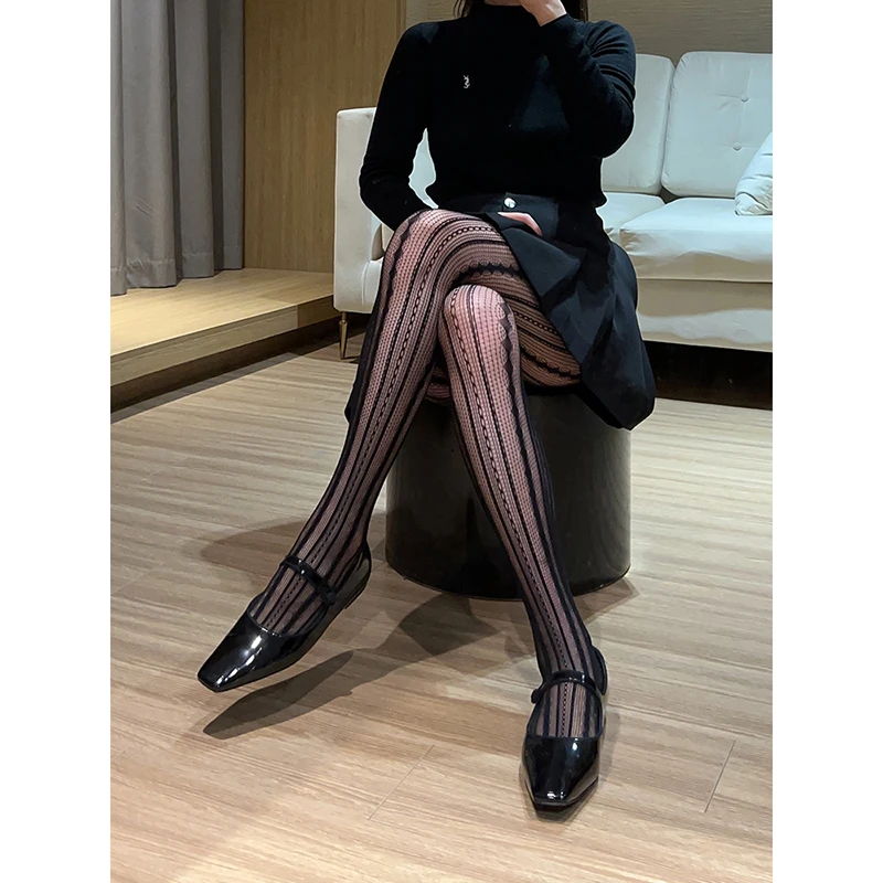 小众蕾丝提花竖条纹网袜20D显瘦防脱丝丝袜春秋美腿打底袜A061