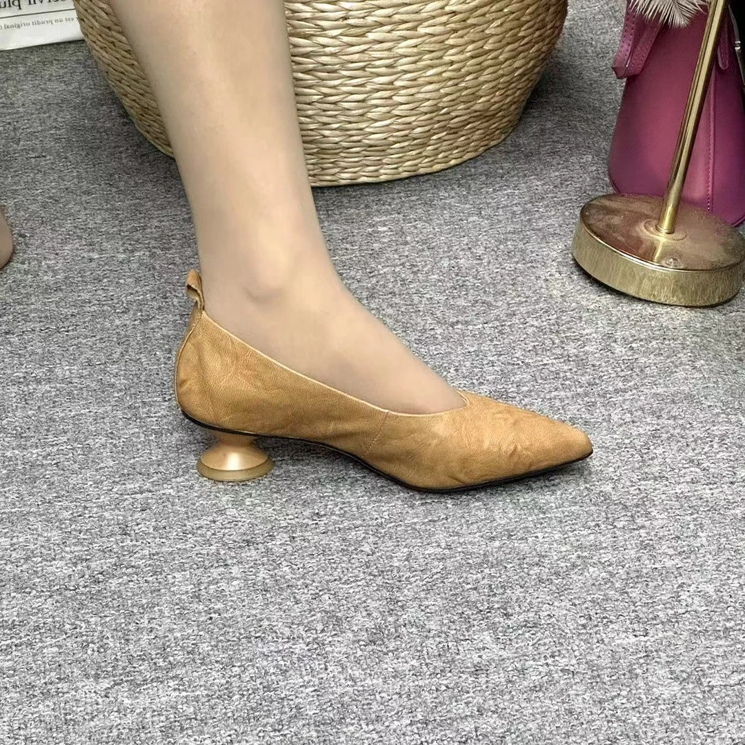 真皮手工鞋3公分粗跟女士浅口单鞋低跟尖头平底鞋A270-H123休闲鞋