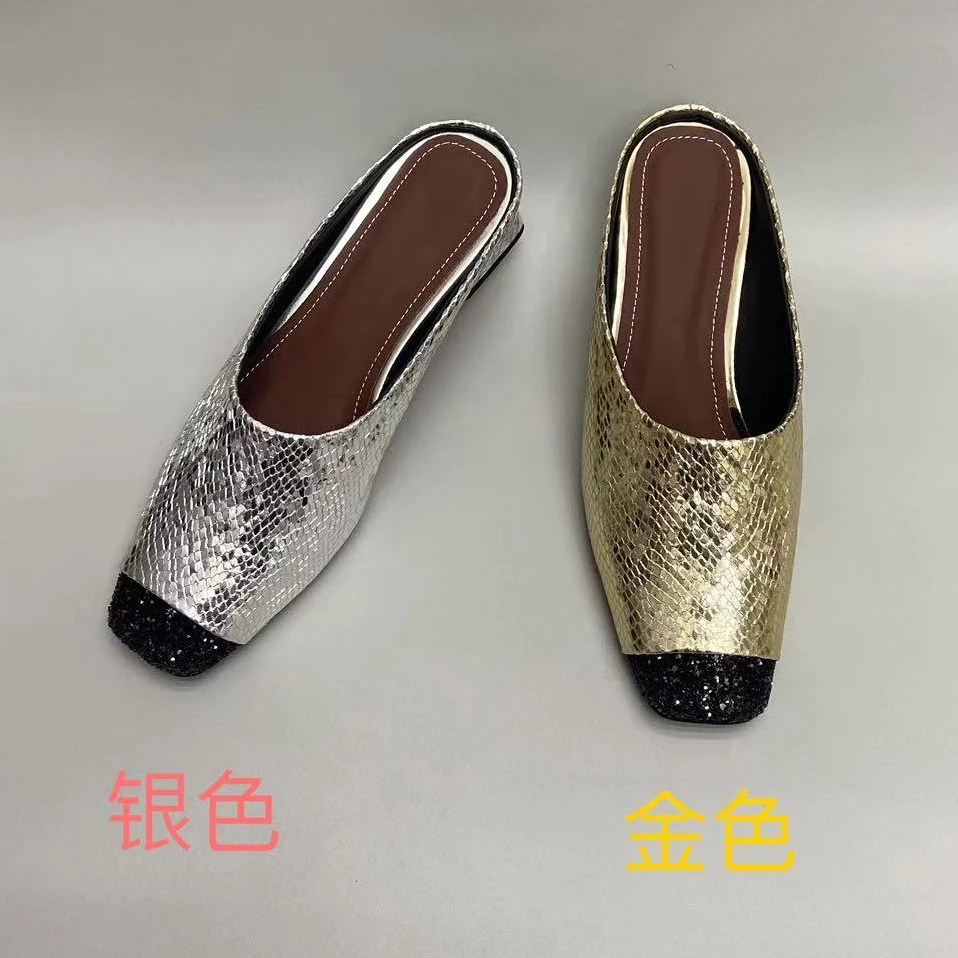 2公分跟尖头女士皮鞋，爆款时尚夏季复古金色银色方头休闲2024新款