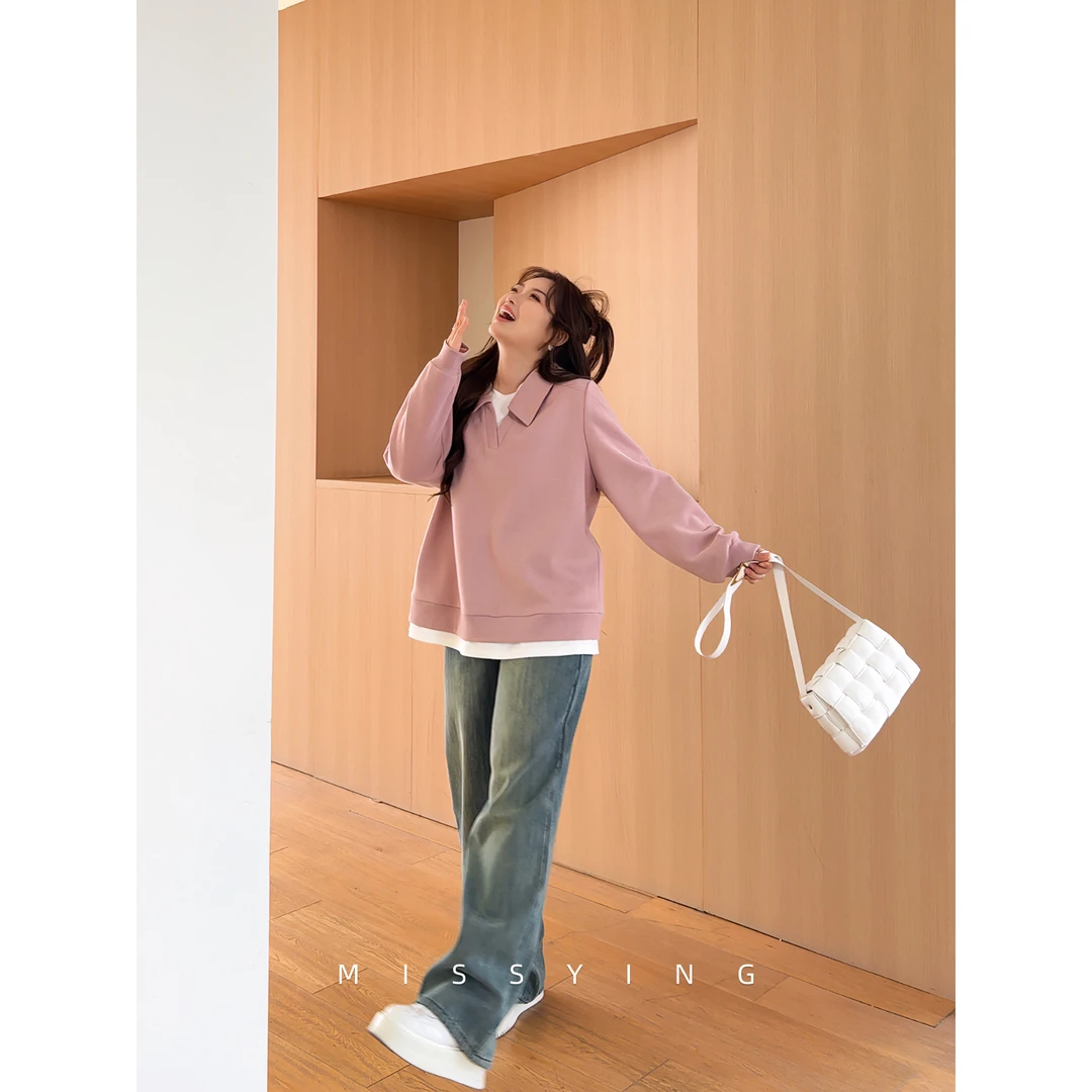 应小姐【叠搭玩家】微胖大码设计感韩版显瘦宽松长袖休闲假两件卫衣