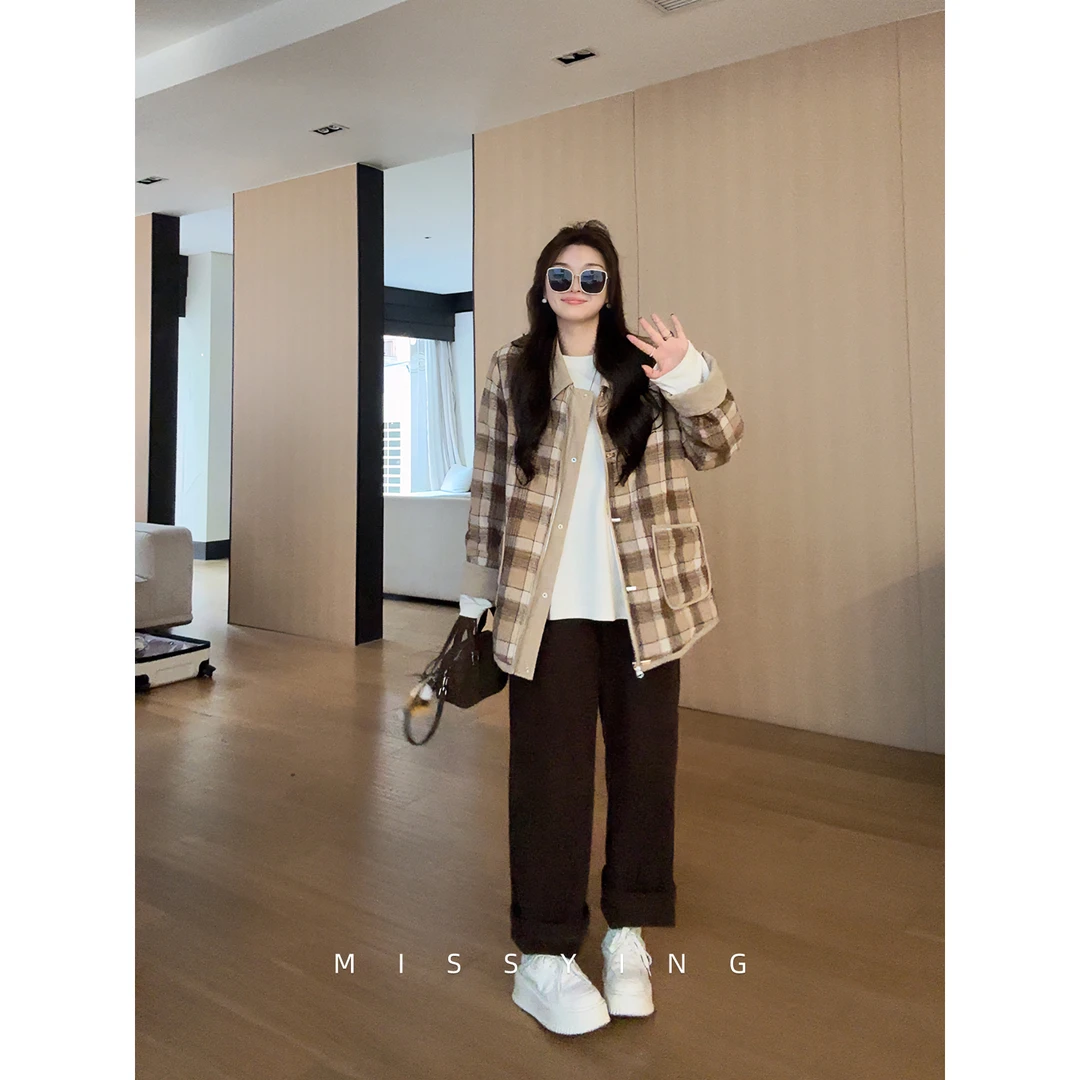 应小姐【冬日AB面】微胖大码时尚感经典百搭款保暖加厚格子棉服外套