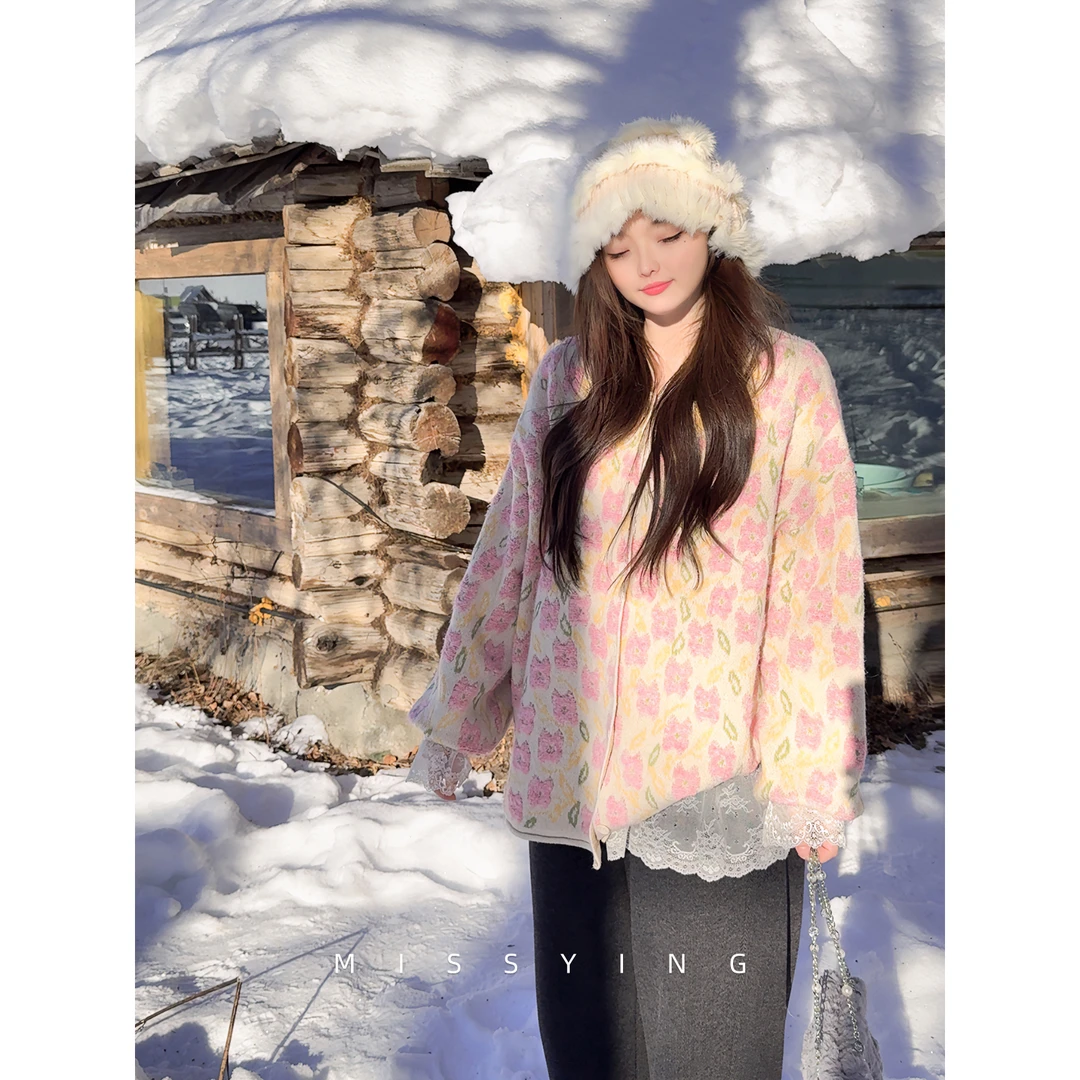 应小姐【小满】微胖大码显瘦长袖休闲风时尚宽松保暖碎花毛衣针织衫