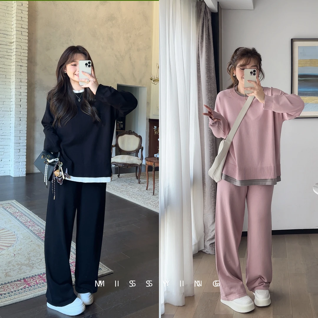 应小姐【慵懒奥地利】微胖大码显瘦宽松假两件针织上衣+高腰阔腿裤