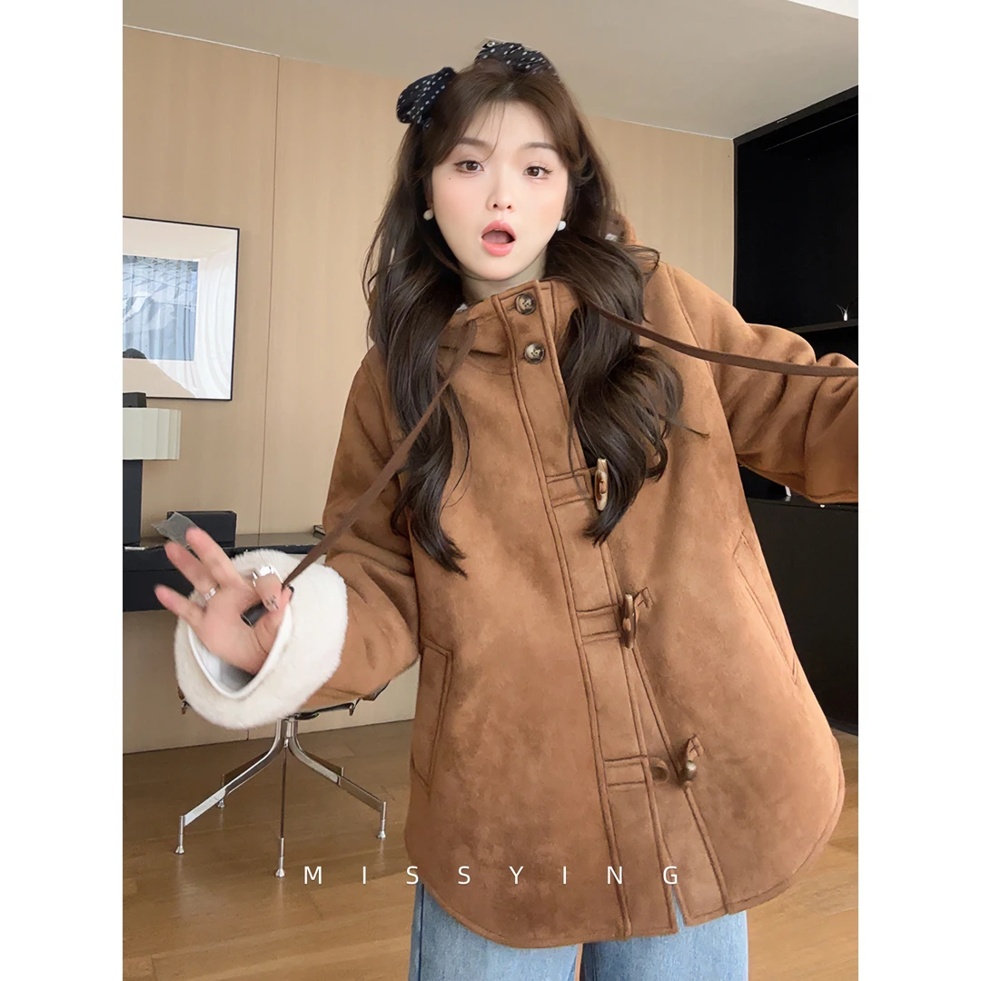 应小姐【摩卡coco】微胖大码显瘦设计感气质保暖皮毛一体外套+手套