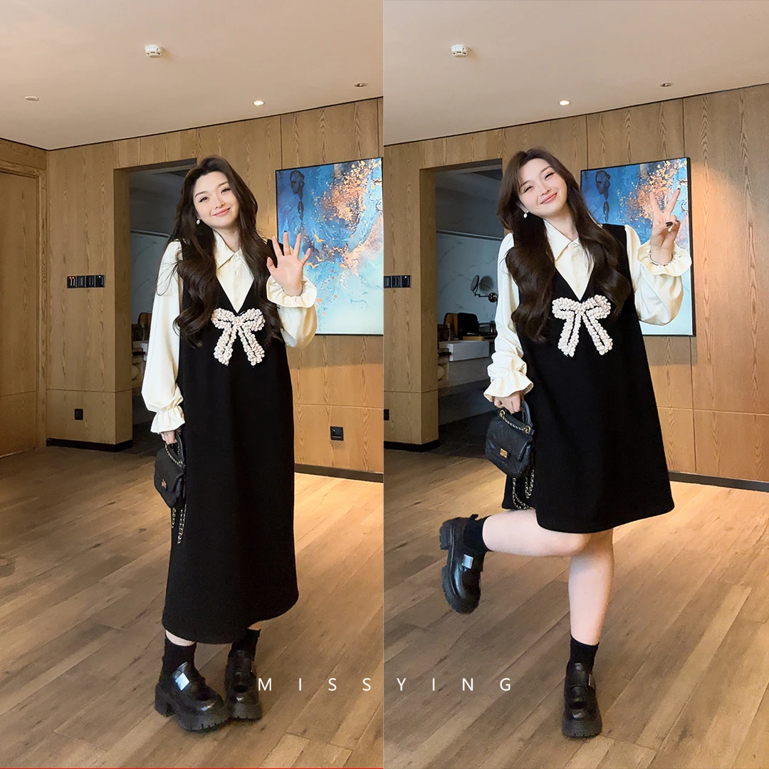 应小姐【西西莉亚】微胖大码显瘦设计感宽松韩版减龄法式长短连衣裙