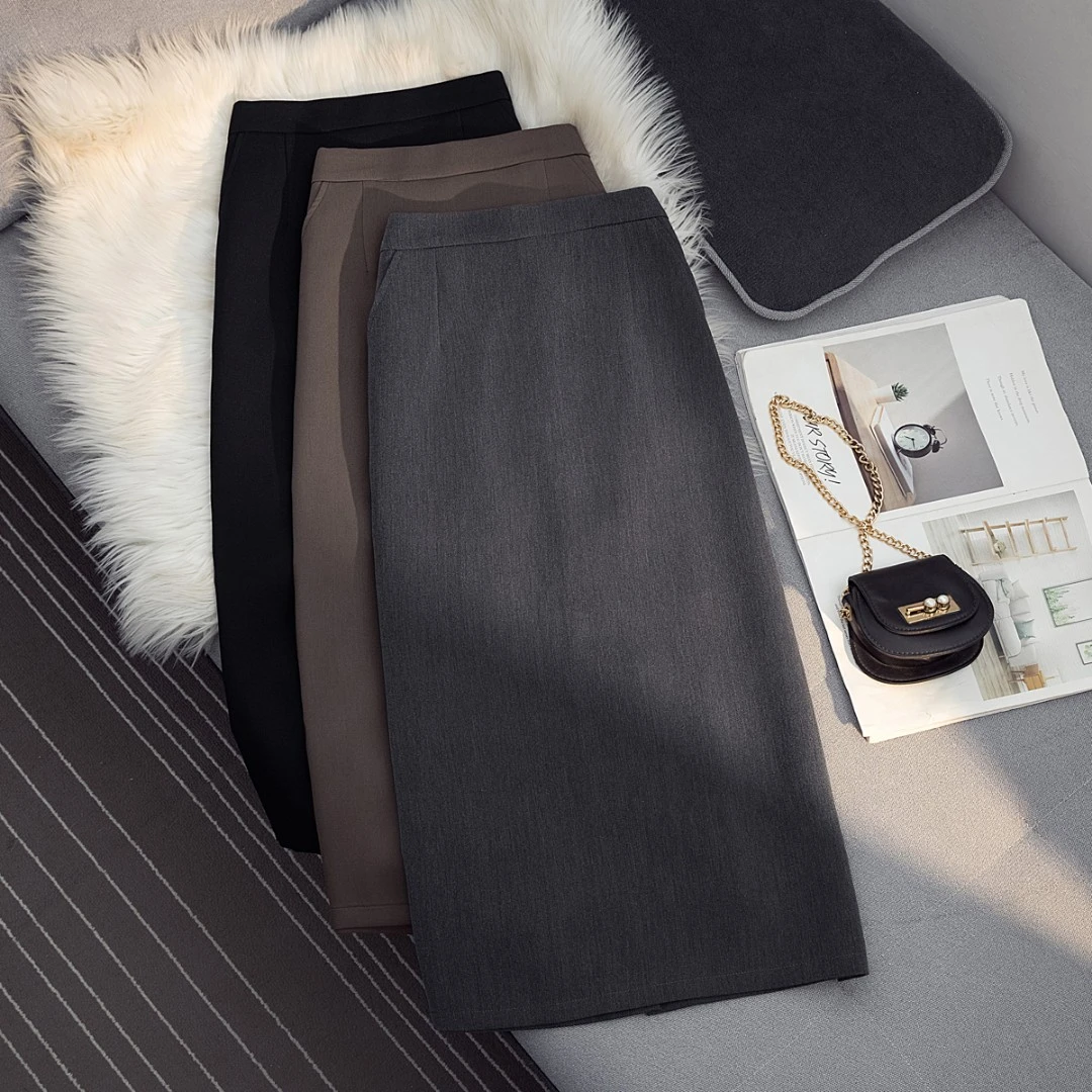 垂感有口袋的西装过膝半身裙女2023秋高腰a字包臀小个中长款裙子