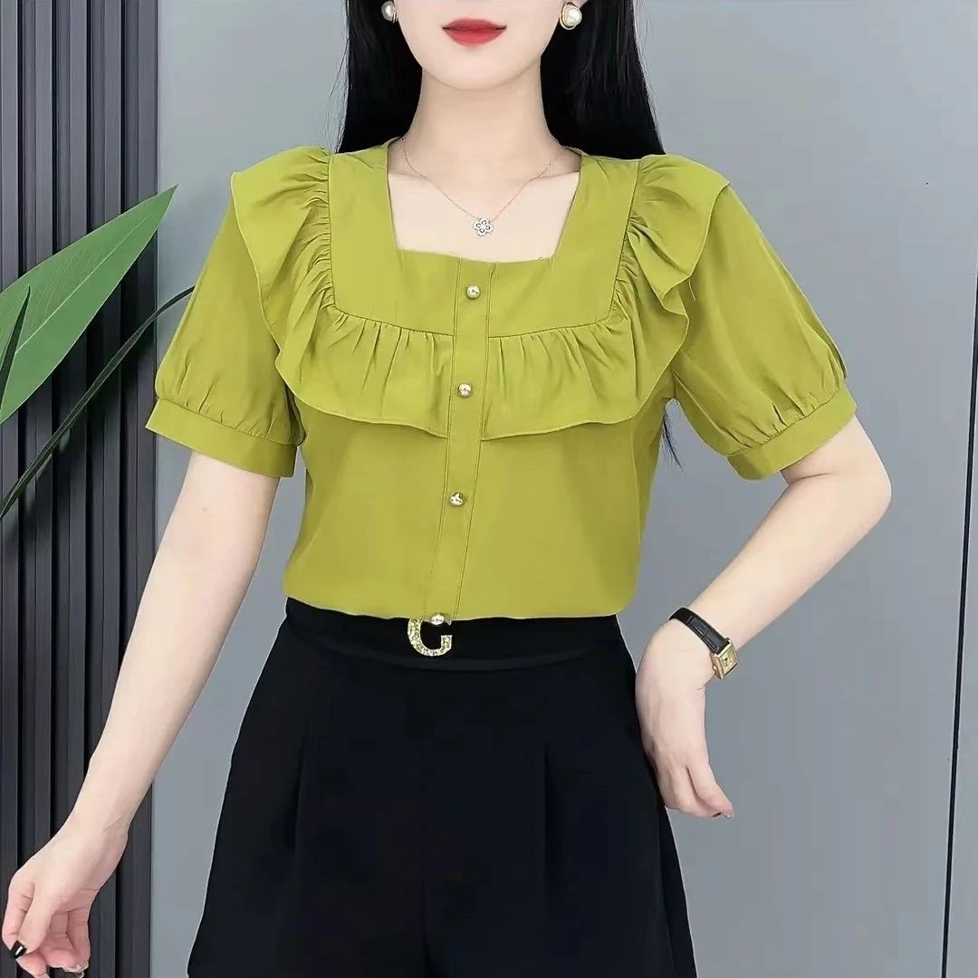 短袖潮款衬衫新款上档次上衣高端法式荷叶边短袖衬衫洋气衬衣
