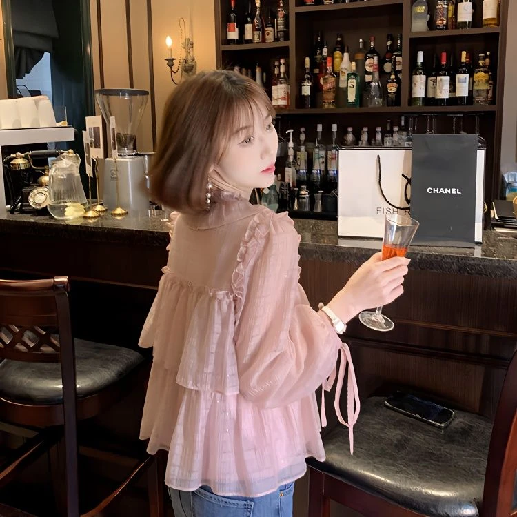 气质雪纺衫女2024春夏新款木耳边长袖衬衣高端名媛遮肚显瘦雪纺衫
