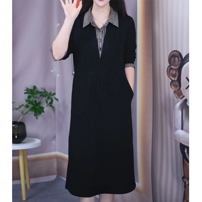 秋新版型好遮肉高档条纹拼接连衣裙大码遮胯宽松显瘦过膝裙子