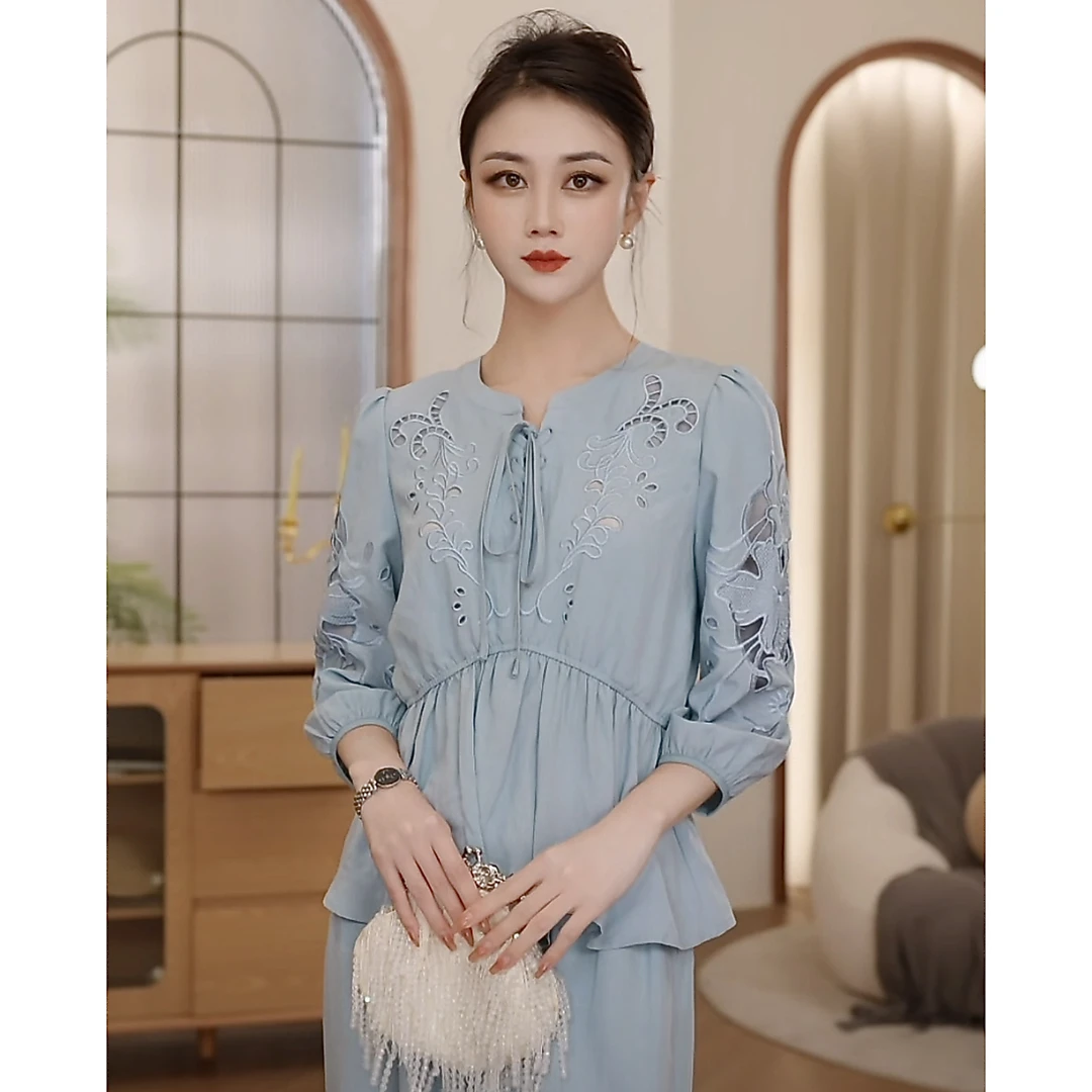 【CICI&GERTCOREL】温柔如诗 天丝亚麻雕孔刺绣上衣/长裤GC243T1010