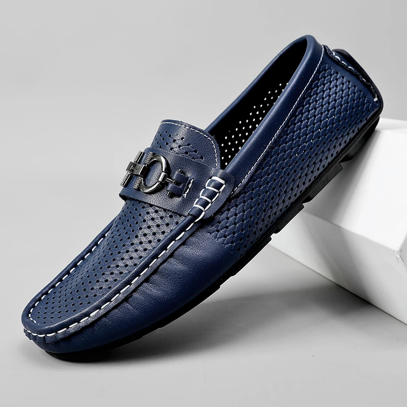 新款夏季男镂空休闲皮鞋冲孔透气洞洞鞋真皮驾车鞋舒适时尚软底