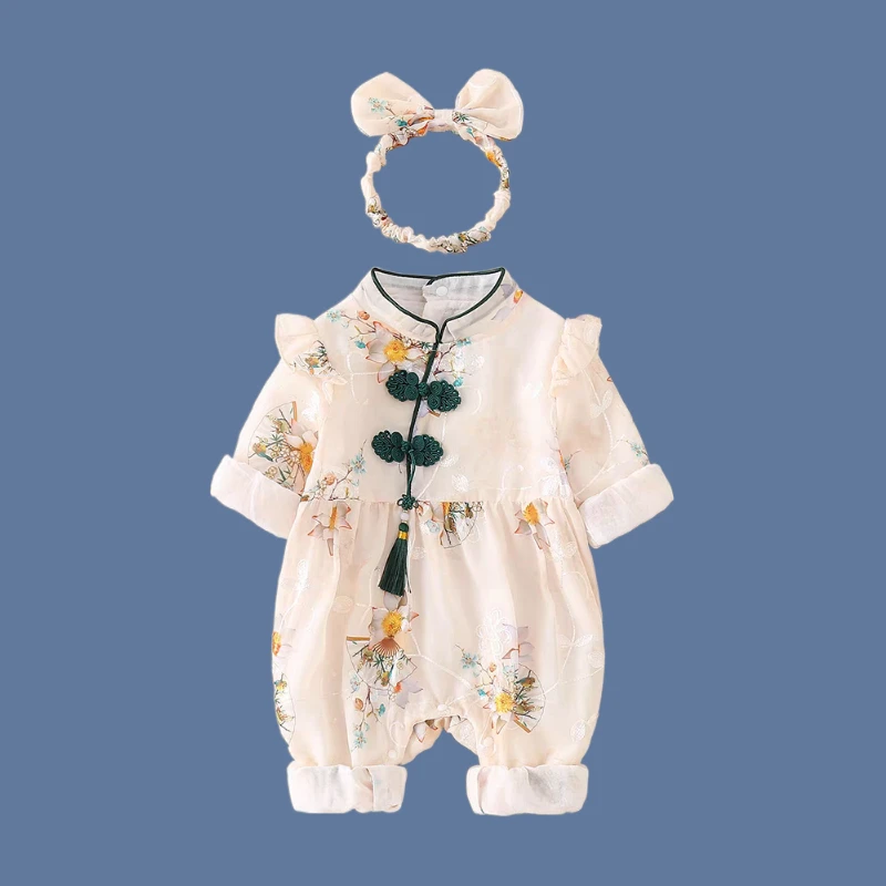 女宝国风长袖连体衣春秋公主婴儿新生儿宝宝中国风婴儿满月服女宝