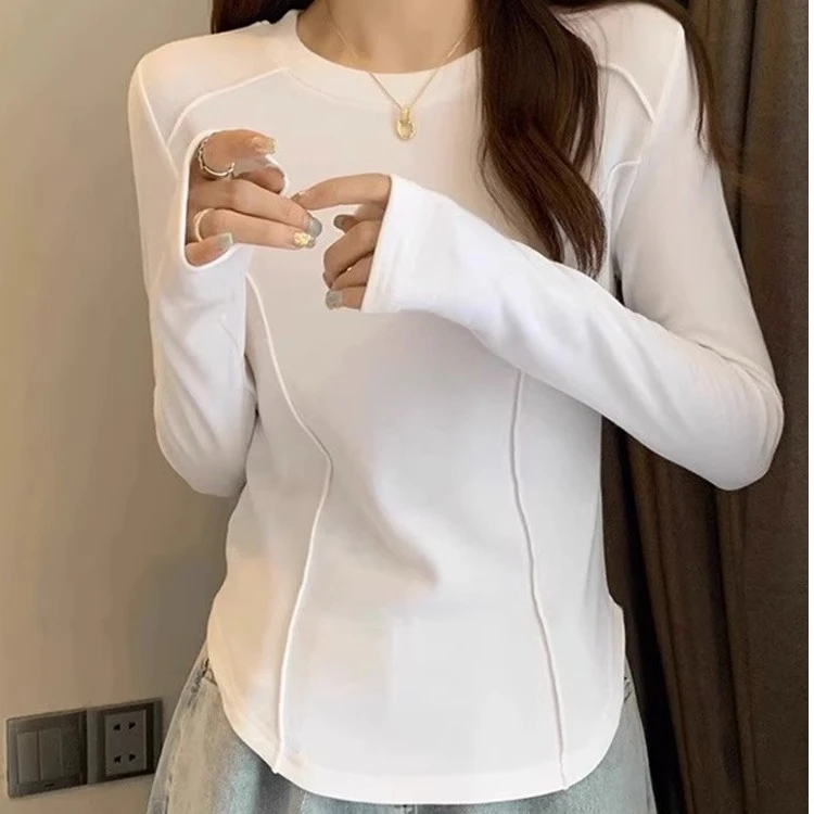 弧形T恤女长袖圆领打底衫春秋新款韩版纯色修身内搭鱼骨先条上衣