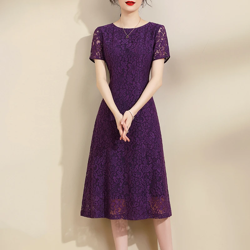 水墨青华2025夏装新品时尚百搭短袖裙优雅中长款紫色蕾丝连衣裙