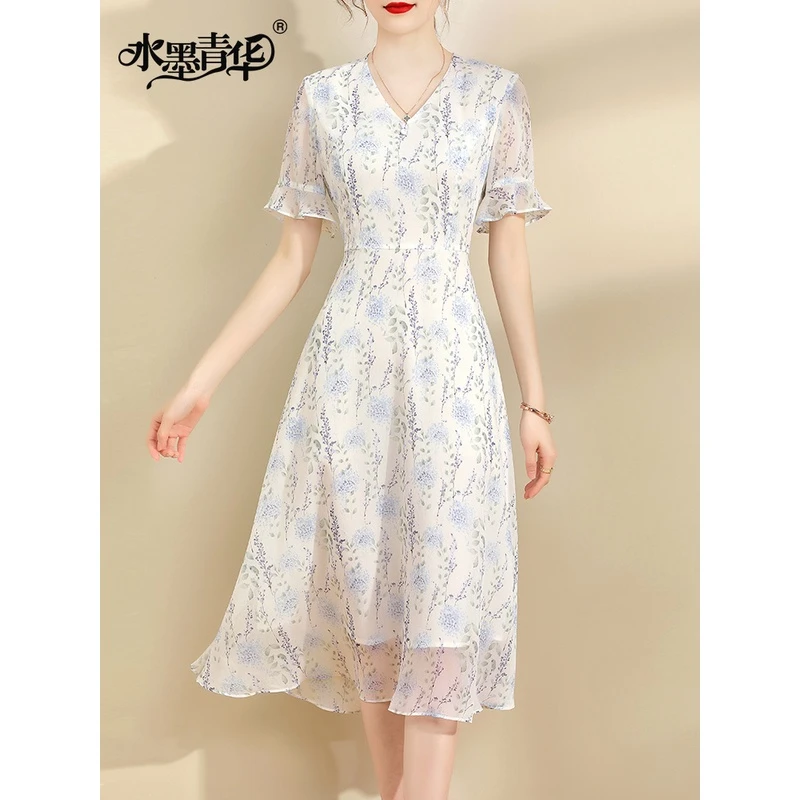 水墨青华2025夏季新款百搭显瘦荷叶边裙时尚印花短袖雪纺绉气质