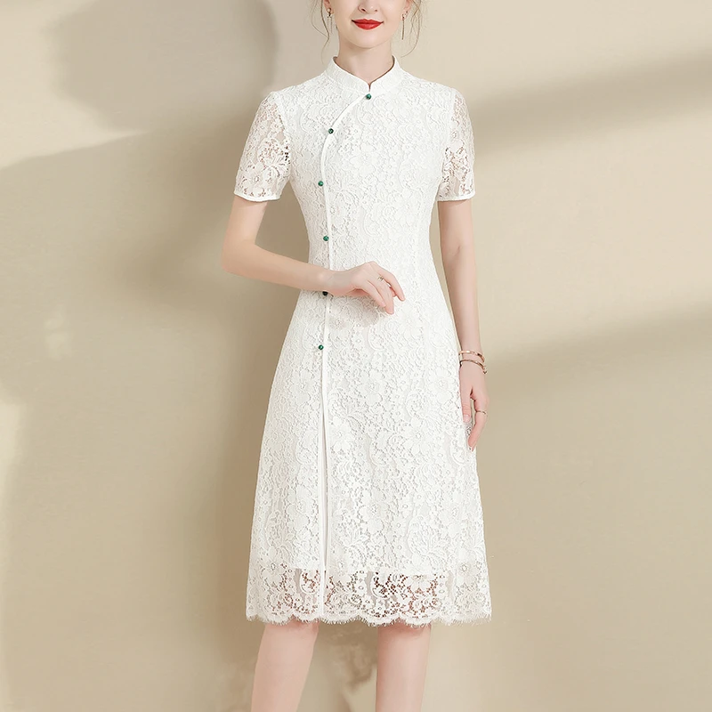 水墨青华夏季新款气质显瘦立领中式国风裙优雅百搭蕾丝连衣裙