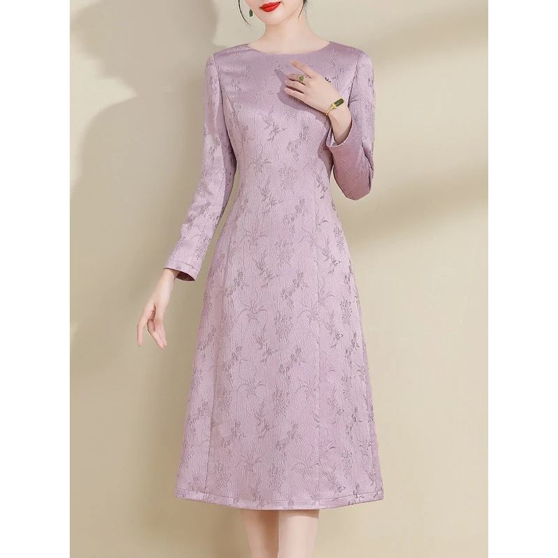 水墨青华春装新品简约修身收腰提花连衣裙轻奢气质紫色A字裙