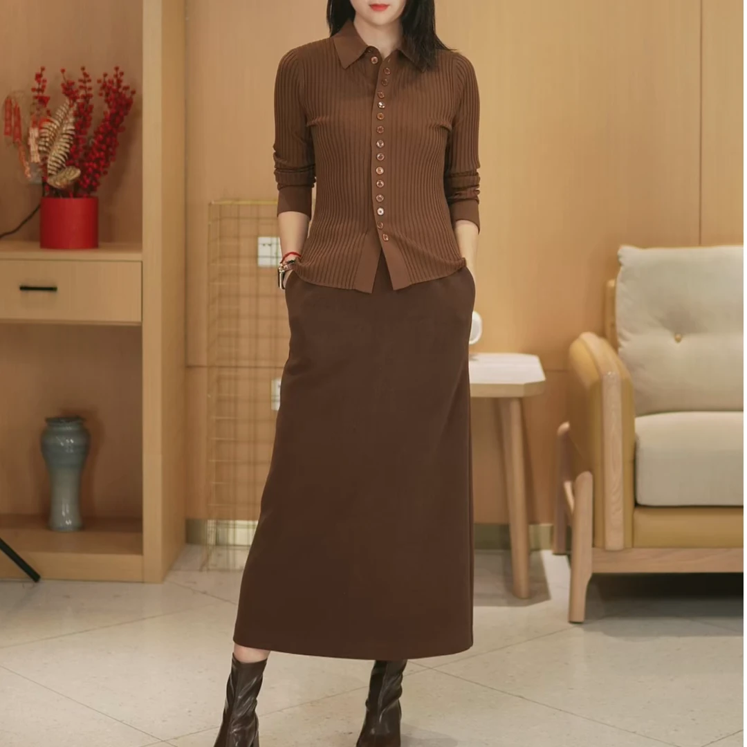 #显瘦毛呢裙# 松紧腰设计感半身长裙 时尚休闲中长裙 F169-83032