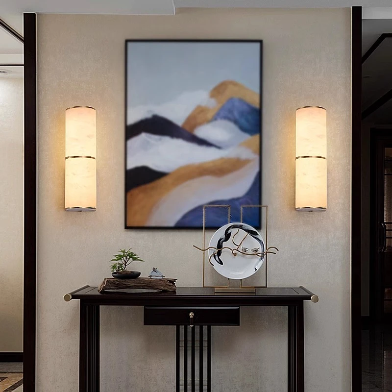 卧室床头灯后现代全铜云石壁灯洗手间镜旁豪华灯饰玄关背景墙壁灯