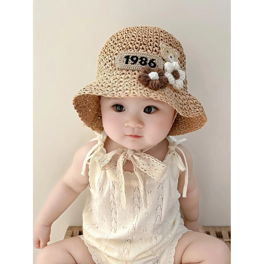 宝宝草帽夏天百搭防晒帽可爱小熊婴儿遮阳帽外出儿童渔夫帽太阳帽