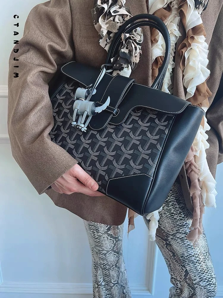 CTANDJIM头层牛皮西贡包 箱盒型木条托特包 大号 翻盖双手腕购物