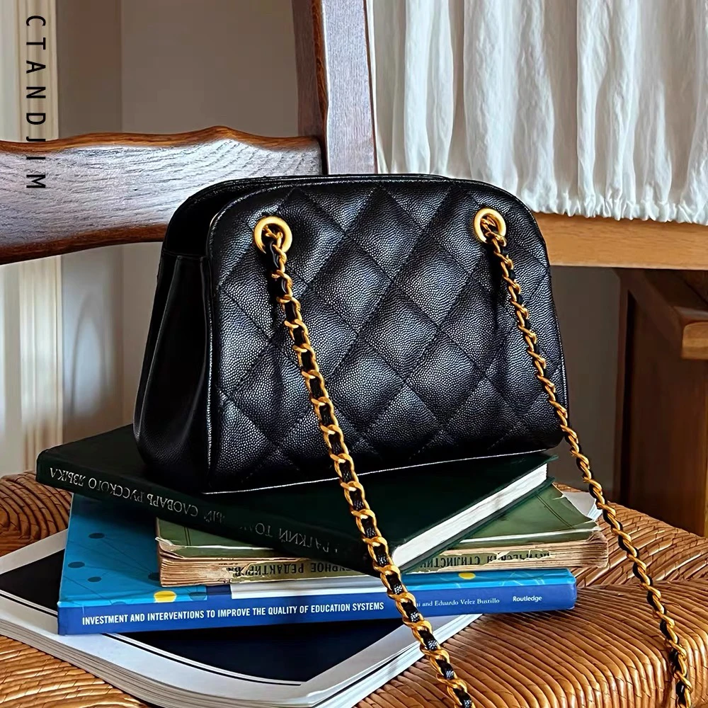 CTANDJIM香风头层牛皮鱼子酱多隔层迷你波士顿  黑色链条包