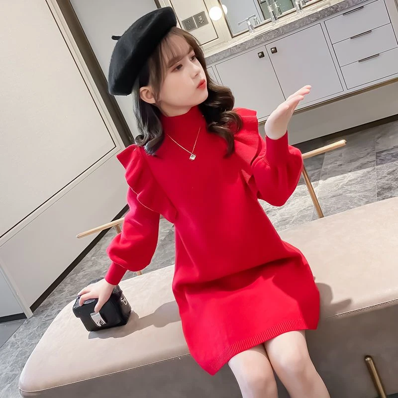 女童加绒加厚秋冬新款中大童韩版洋气中长款红色儿童针织公主裙