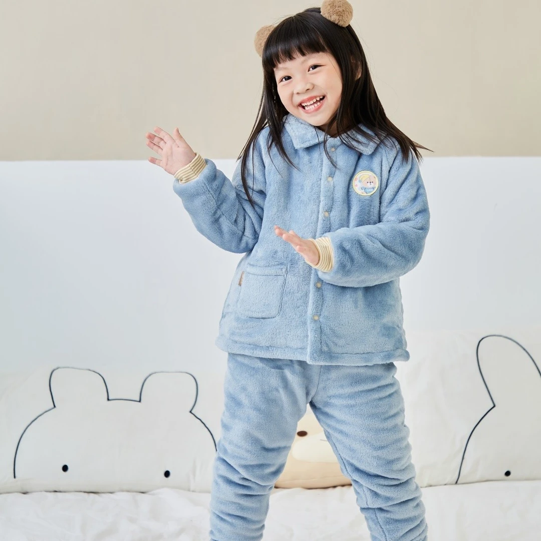缤纷毛绒全开服套装/男女宝宝保暖套装冬装童装儿童家居服套装