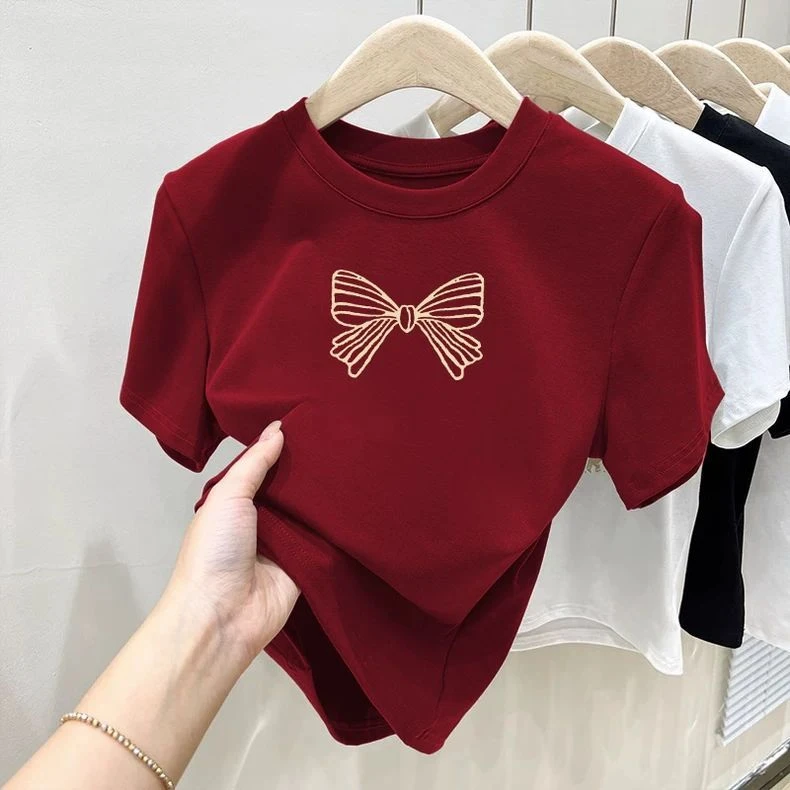 安可拉红正肩磨毛纯棉短袖t恤女本命年上衣加厚打底衫春夏秋冬季