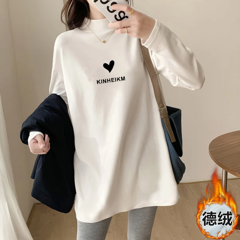 德绒加绒加厚保暖长袖T恤女宽松秋冬新款上衣打底衫半高领中长款