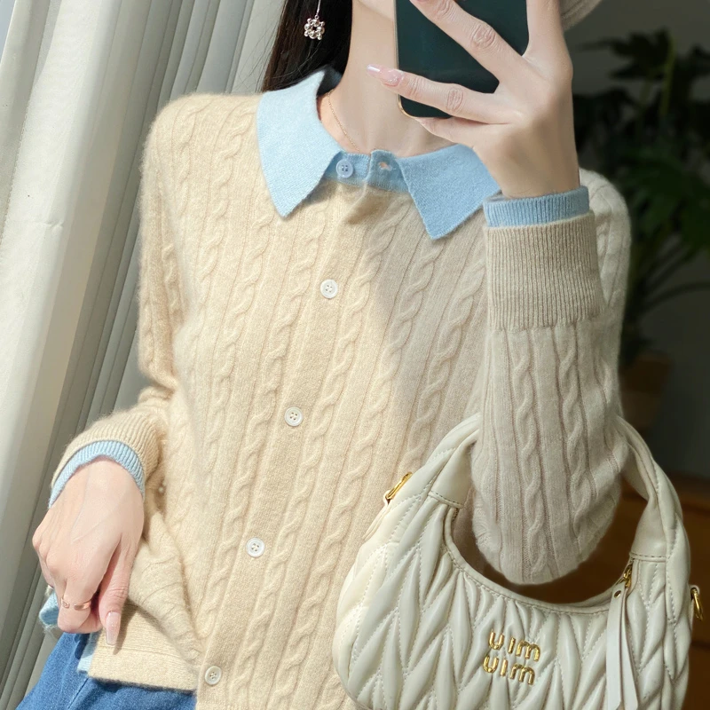 拼色假两件~100%羊毛衫女秋冬新款女士拼色打底衫衬衣领毛衣减龄