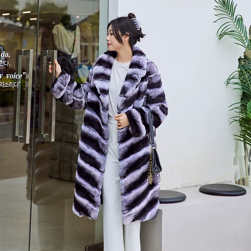 摩登贵族青紫蓝獭兔毛西装领中长款外套女轻奢皮草高端大气时尚