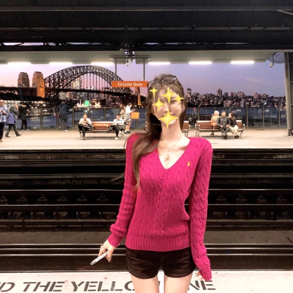 ACUN品牌 玫红色软糯麻花长袖针织衫温柔甜美修身打底衫毛衣女