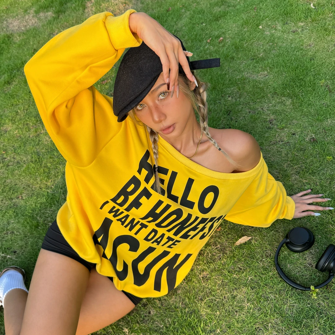 ACUN品牌 辣妹露肩大字母印花卫衣女宽松休闲百搭黄色上衣