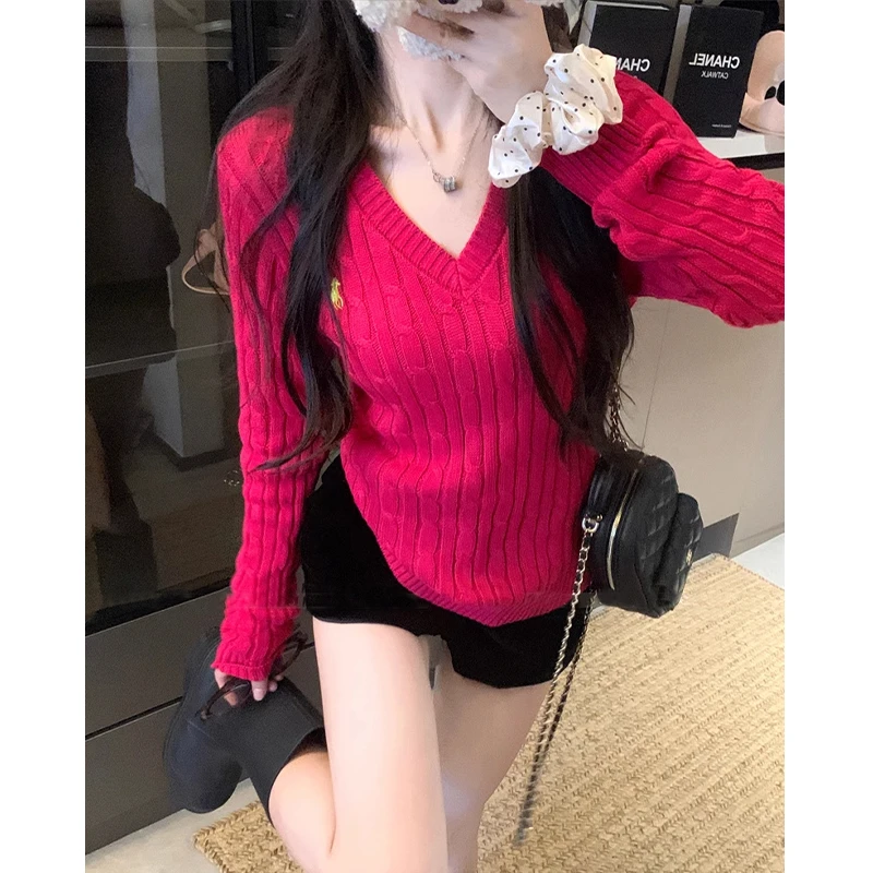 ACUN品牌 玫红色V领麻花毛衣女韩系修身软糯针织衫内搭短款上衣