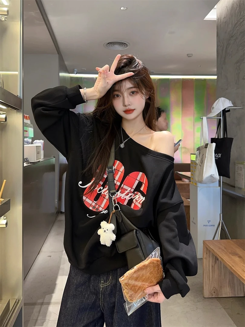 ACUN品牌 美式辣妹字母露肩斜肩卫衣女ins小众休闲宽松长袖上衣