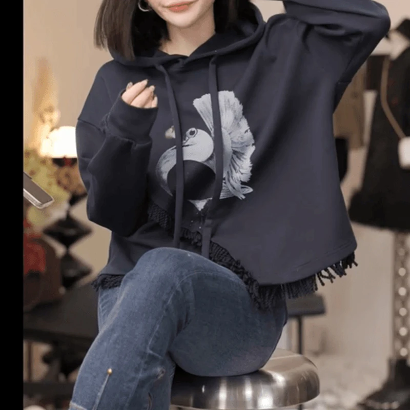 卫衣女连帽慵懒风秋冬情侣女装上衣加绒时尚宽松休闲印花长袖