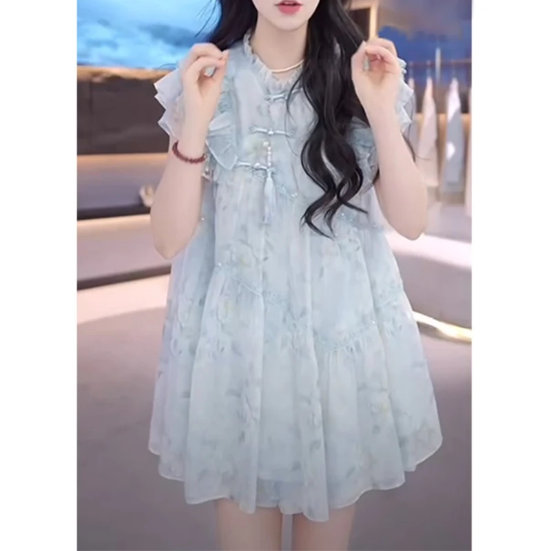 新中式国风套装女甜美蓝色蓬蓬上衣短裤两件套夏季女装气质