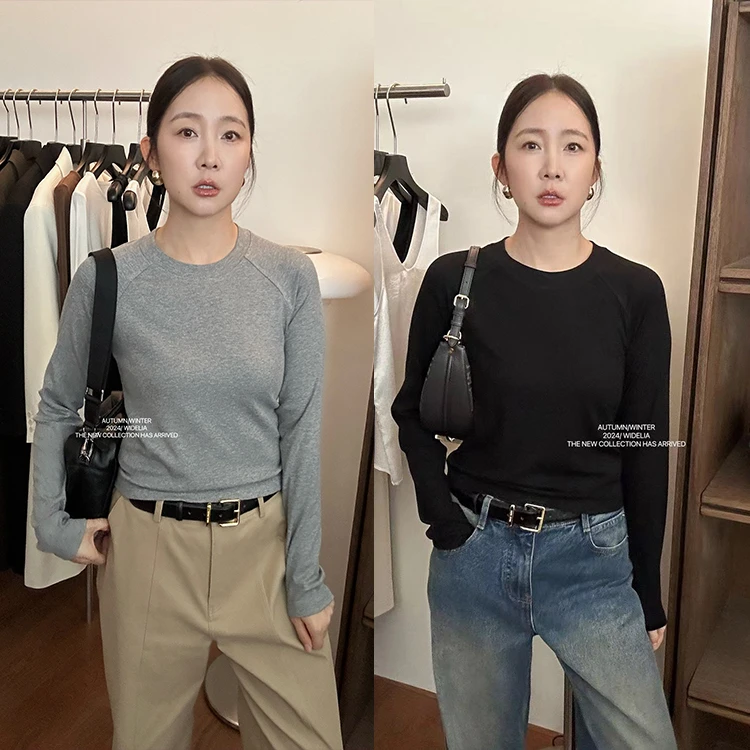widelia陈姬儿秋季极简风圆领打底衫女舒适质感长袖T恤上衣9151